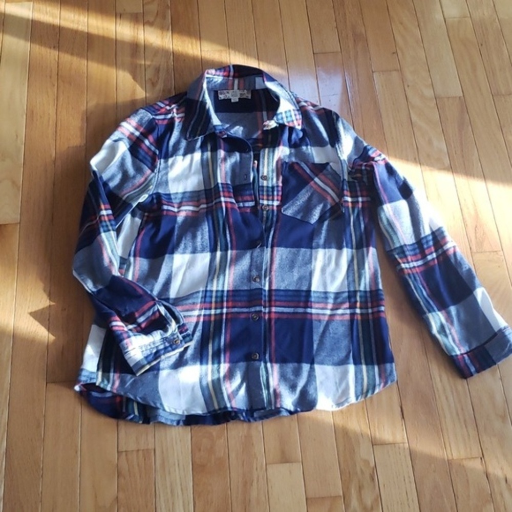 Ladies Brushed Windowpane Plaid Long-Sleeve Flannel Shirt Size S